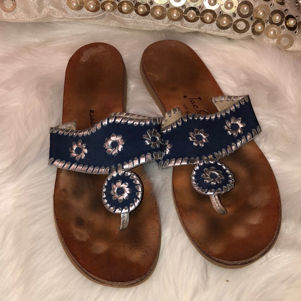 Jack Rogers Navy Leather Thong Sandal with Silver Accent
